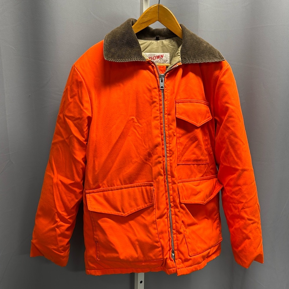 Hunters orange down jacket with corduroy collar